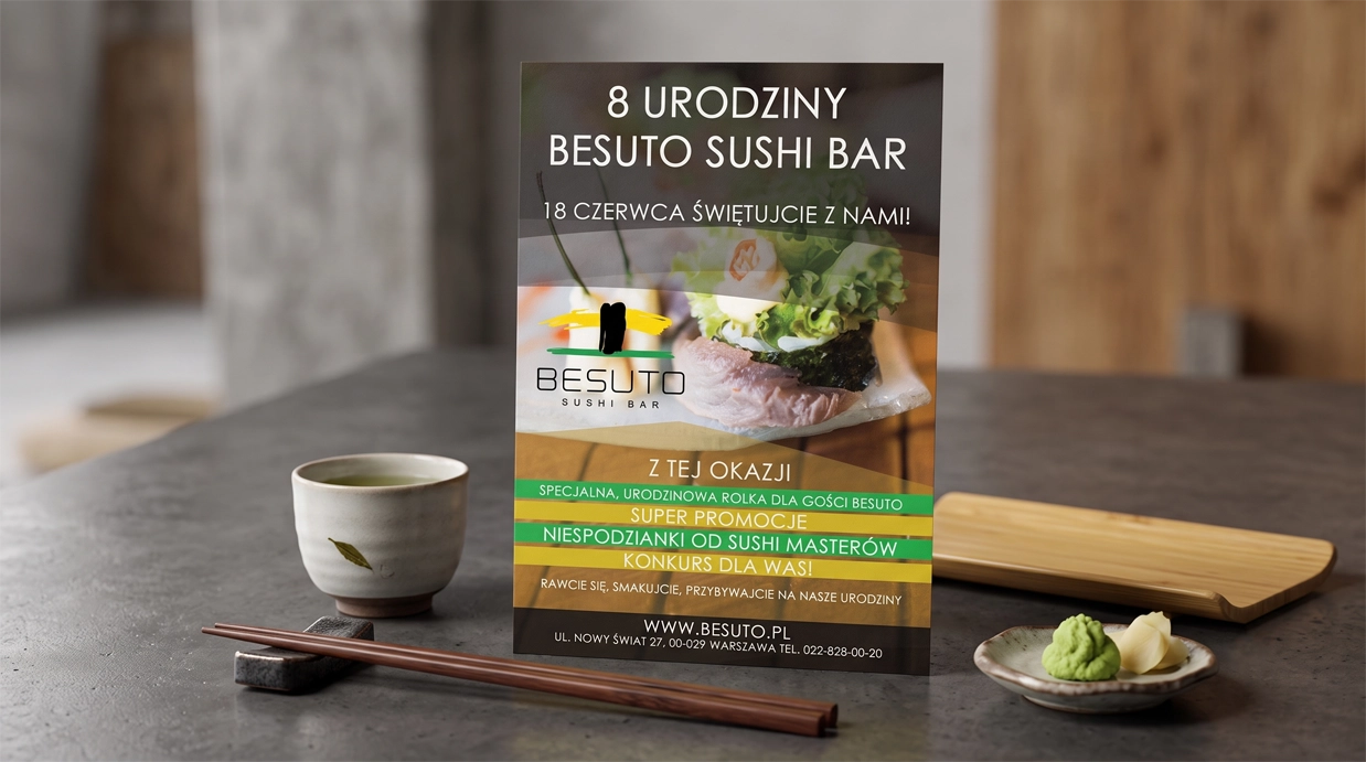 Ulotki, plakat i baner FB - Besuto Sushi Bar