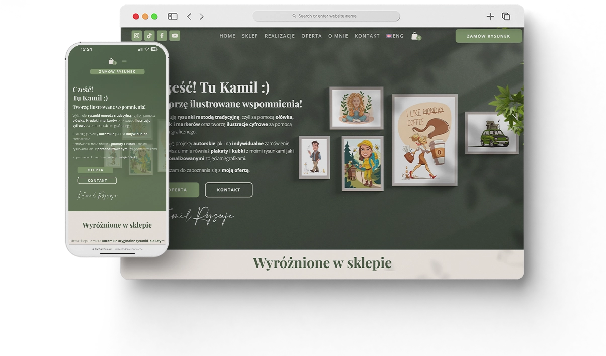 Karykatury na zamówienie - układ na ekranie desktopowym - KamilRysuje.pl