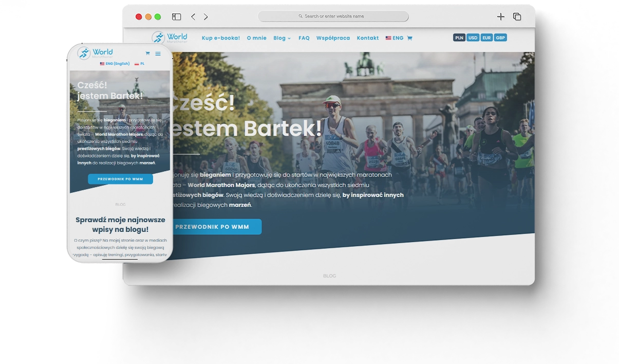 Strona www dla biegacza - układ na ekranie desktopowym - WorldMarathoner