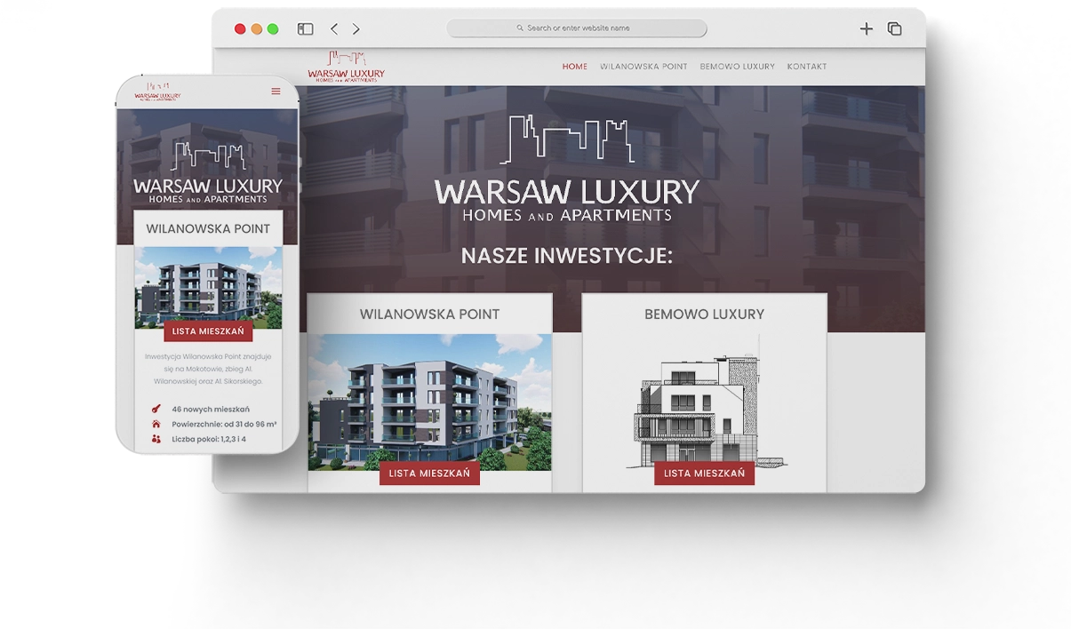 Strona dla dewelopera - układ na ekranie desktopowym - Warsaw Luxury